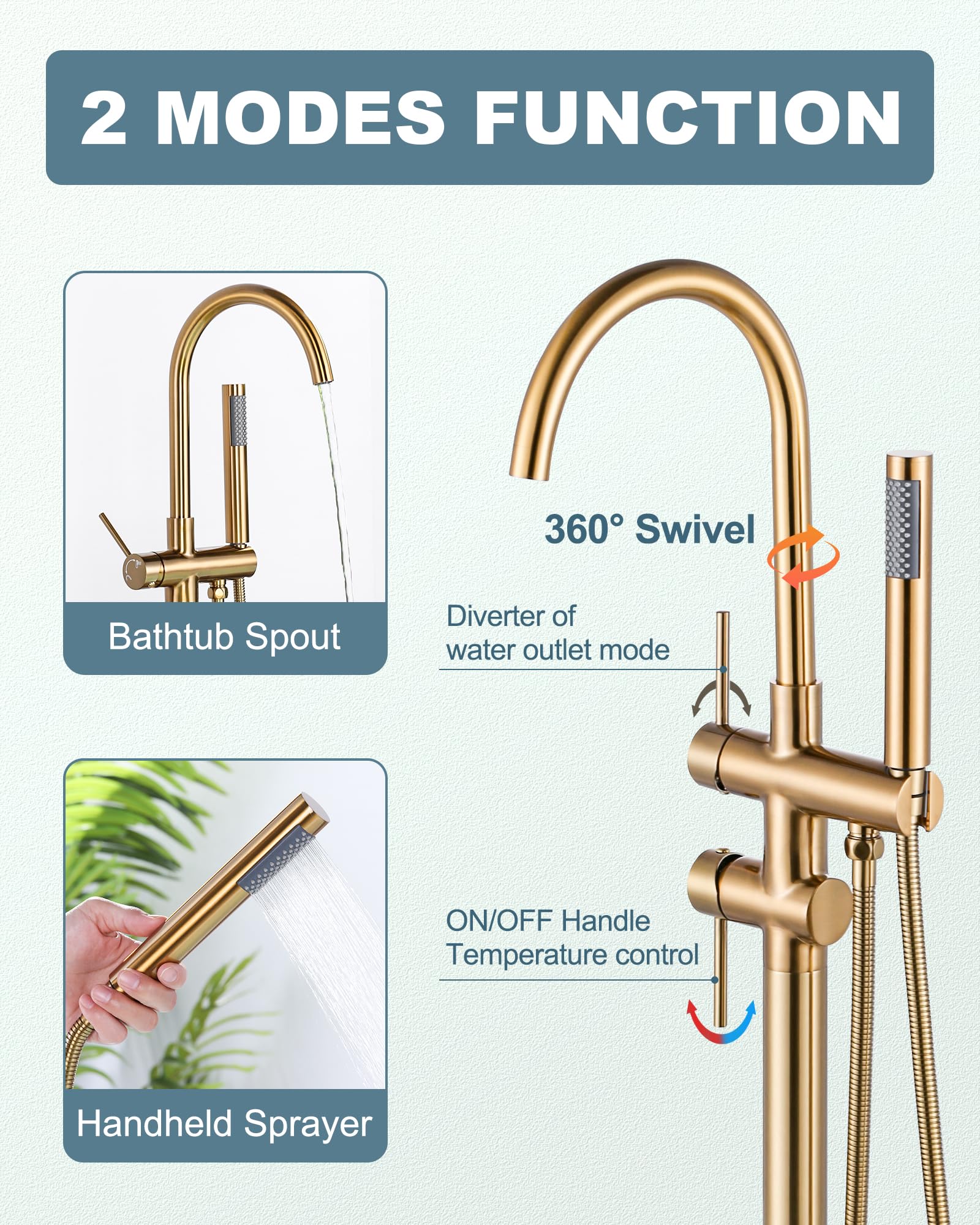 ARCORA floor-mount tub filler with swivel spout in brushed gold for flexible water flow control