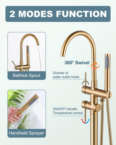 ARCORA floor-mount tub filler with swivel spout in brushed gold for flexible water flow control