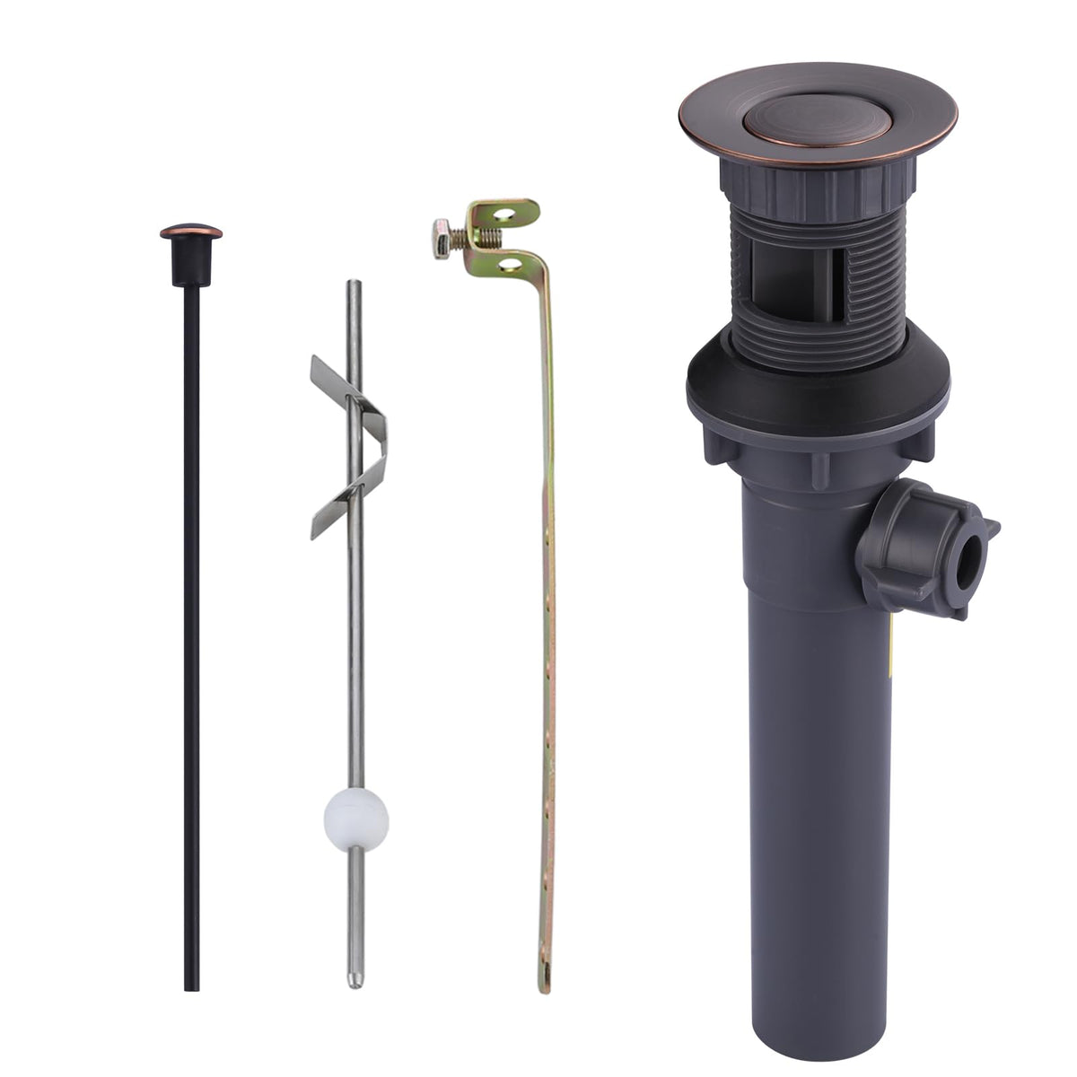 ARCORA lift-rod sink drain close-up showing oil rubbed bronze finish for vessel sinks