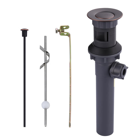 ARCORA lift-rod sink drain close-up showing oil rubbed bronze finish for vessel sinks