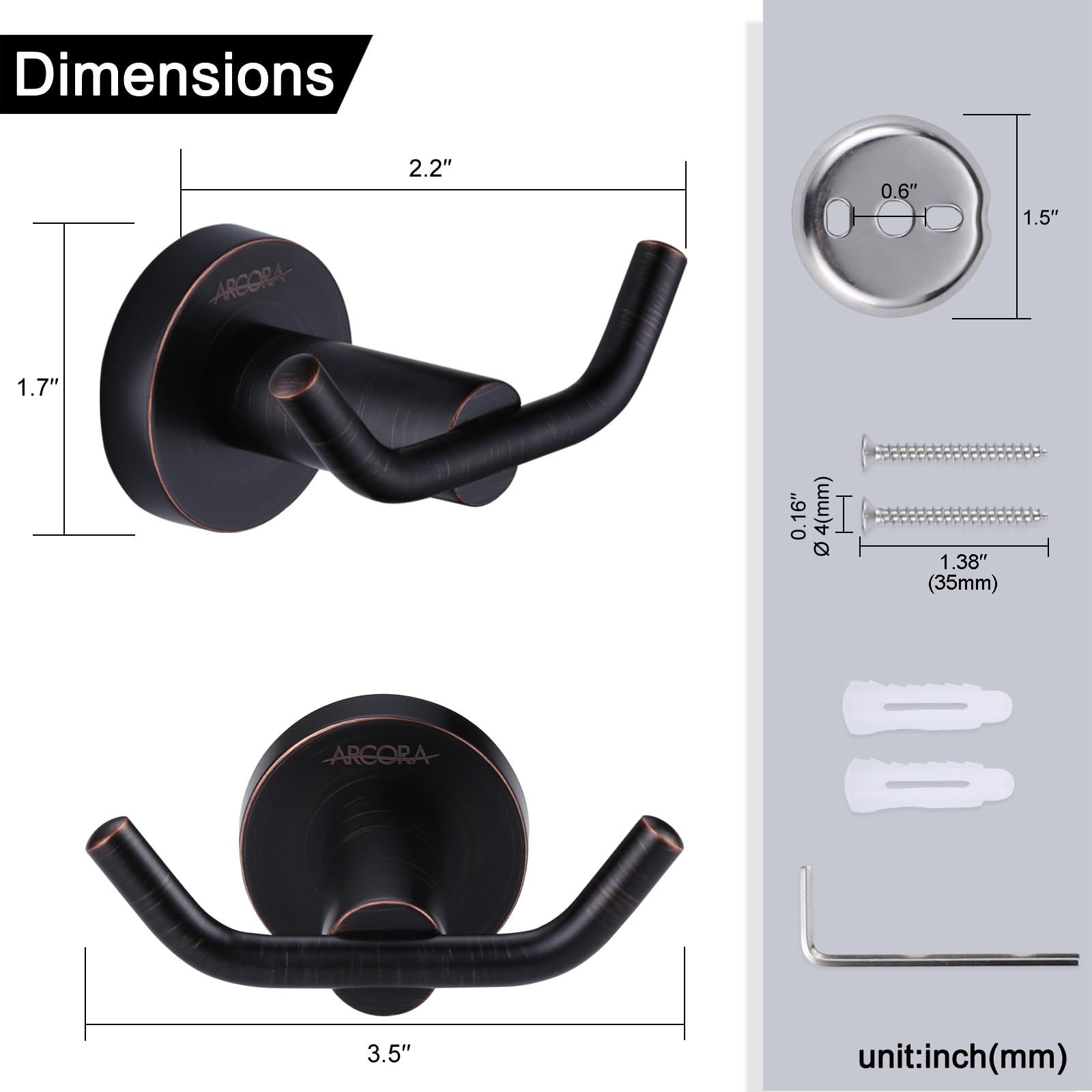 ARCORA wall hook with included hardware shown for quick setup.