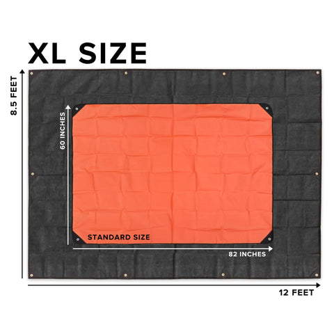 Deployed Arcturus XL Survival Tarp shelter displays 8.5 by 12 feet coverage for camping.