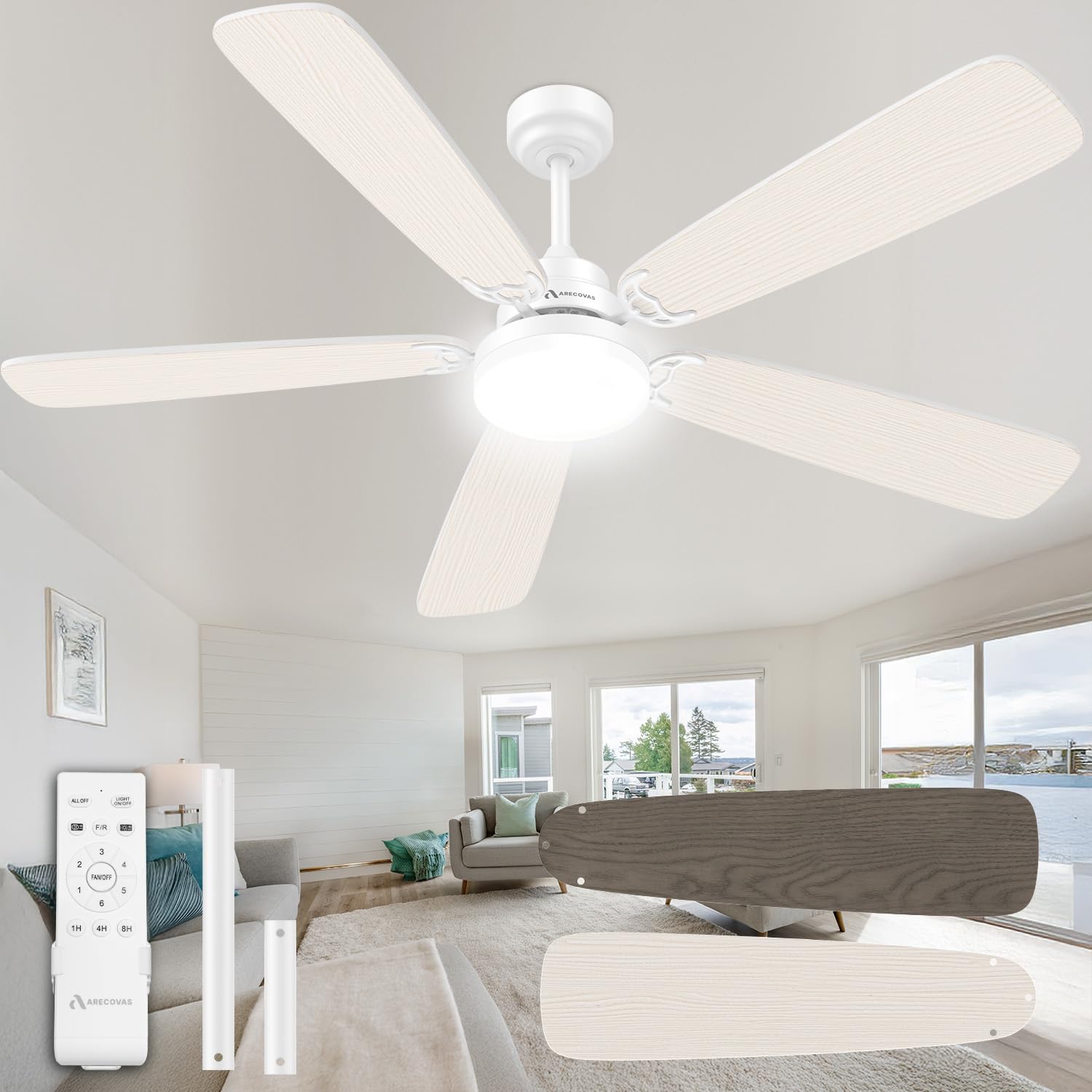 Arecovas 52-inch ceiling fan with LED light enhances living room ambiance with energy-efficient lighting