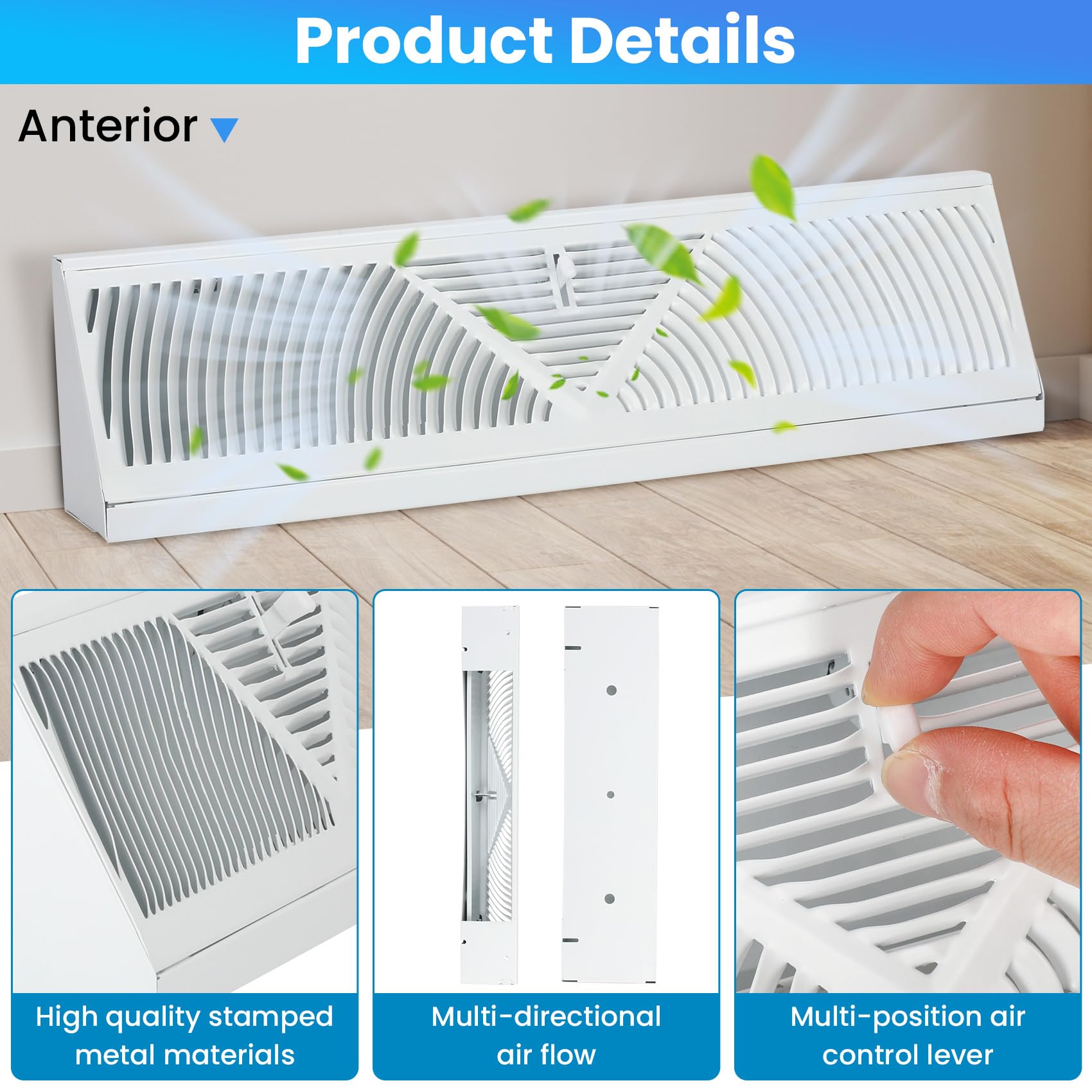 Aremae baseboard diffuser with white powder coating resists rust and maintains smooth surface