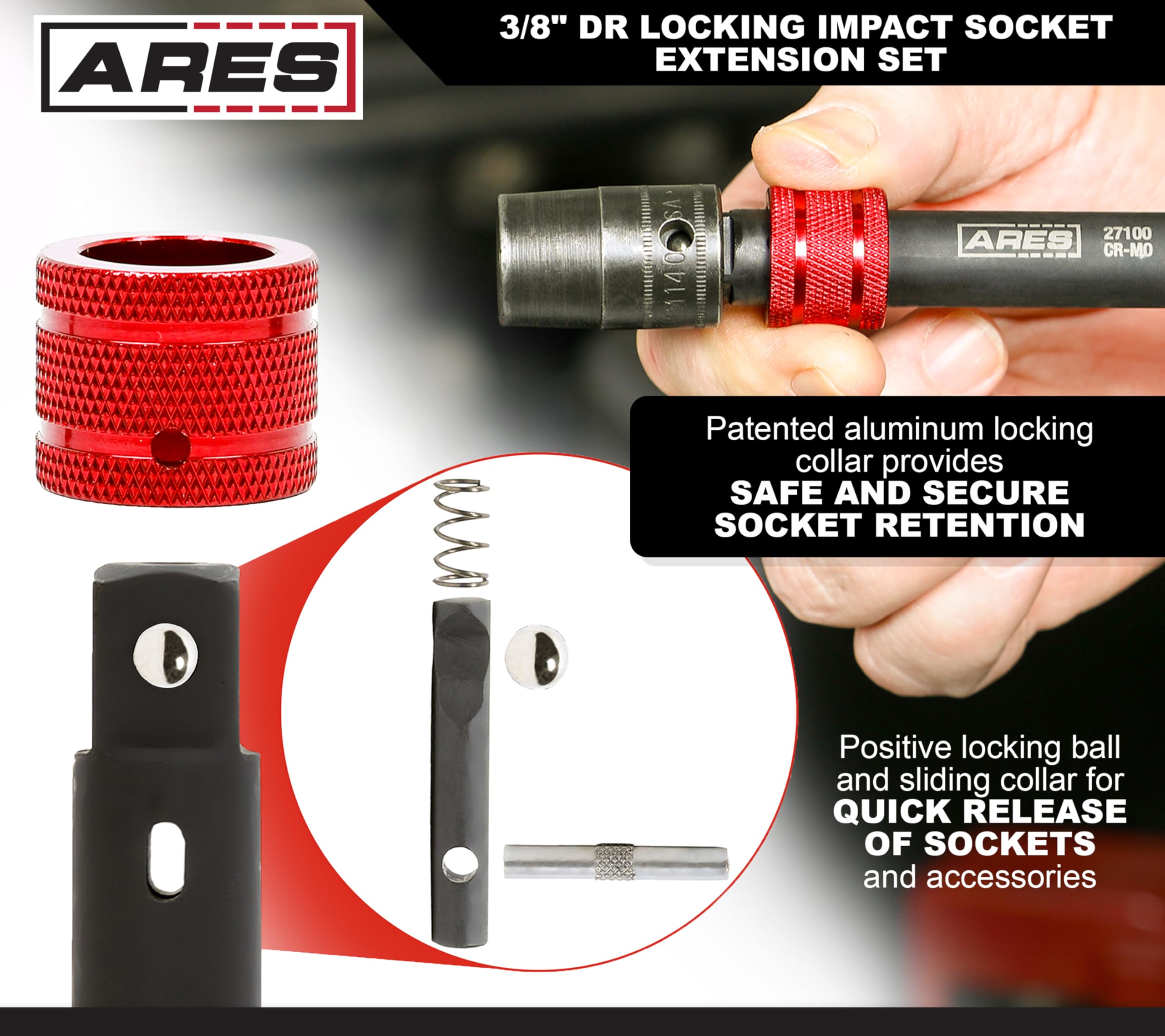 ARES 3/8 drive locking extension in 12 in length for deep access.