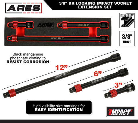 ARES 3/8 drive locking extension in 6 in length for mid-reach tasks.