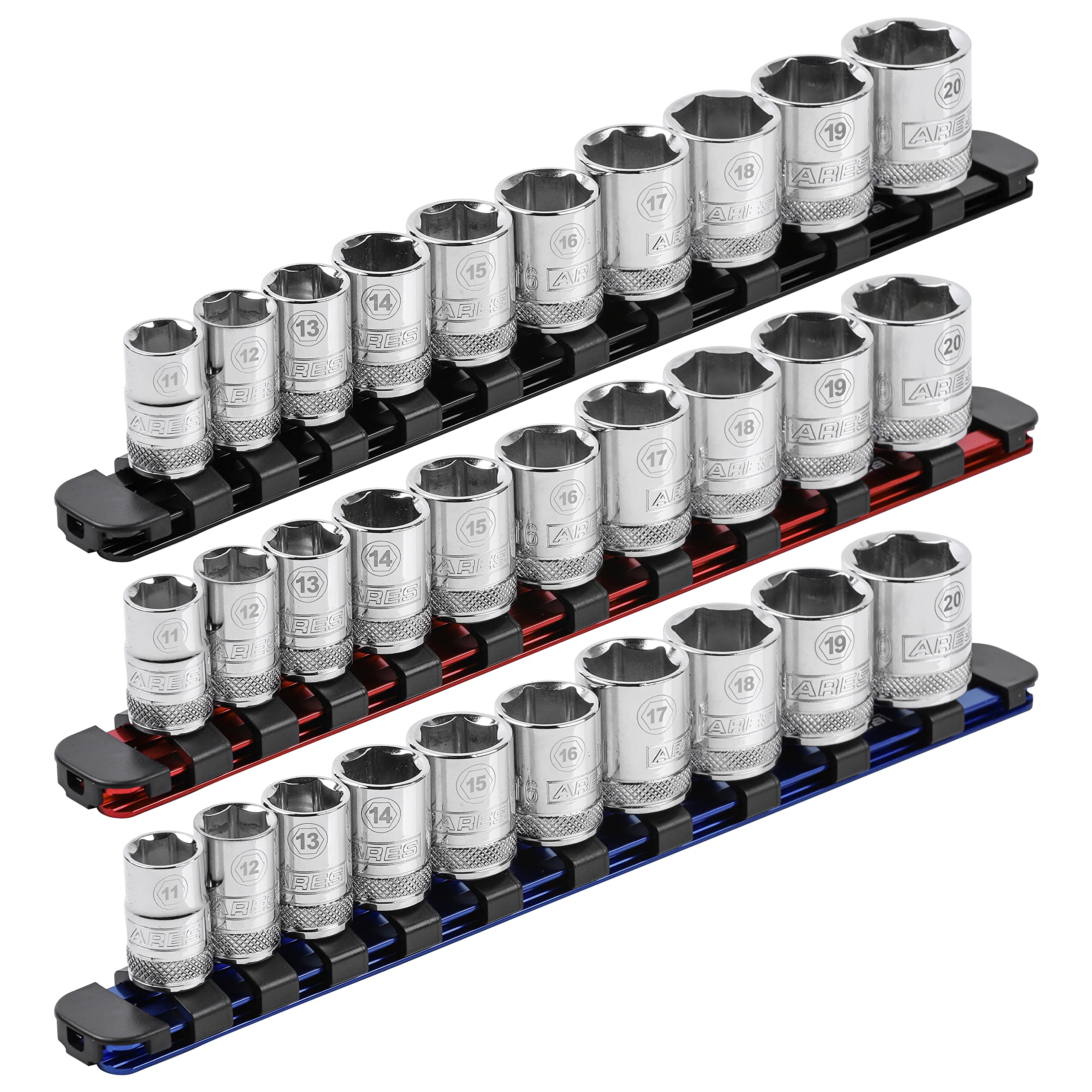 ARES 60103 red rail with locking end caps showing secure socket storage