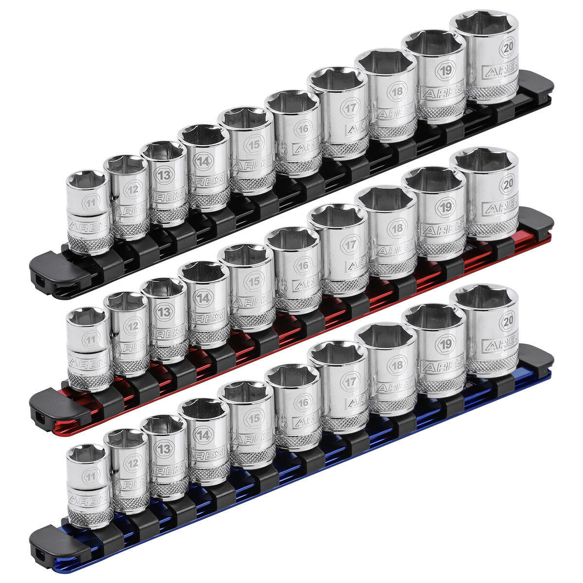 ARES 60103 red rail with locking end caps showing secure socket storage