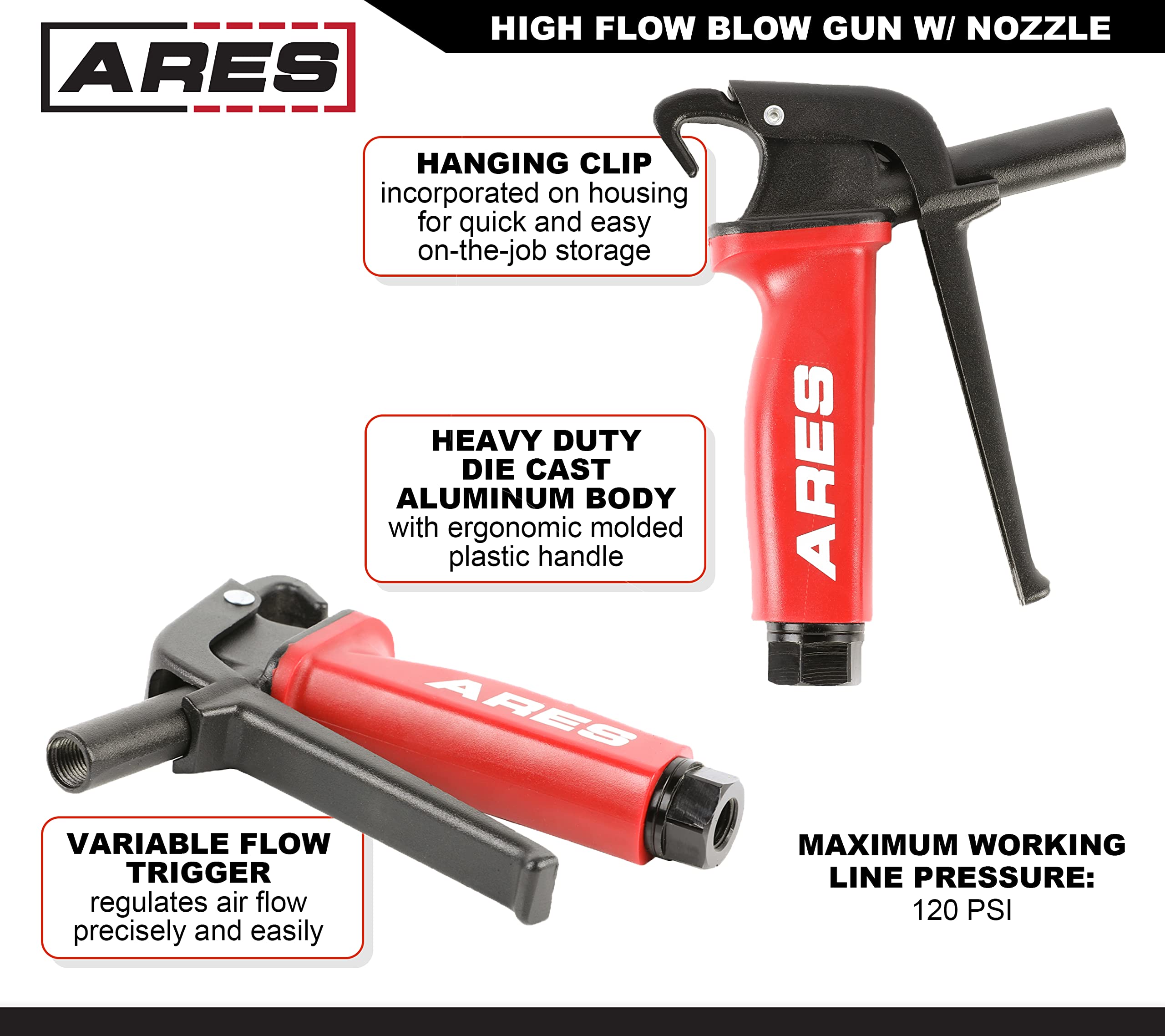 ARES ergonomic molded plastic handle enables comfortable precision control