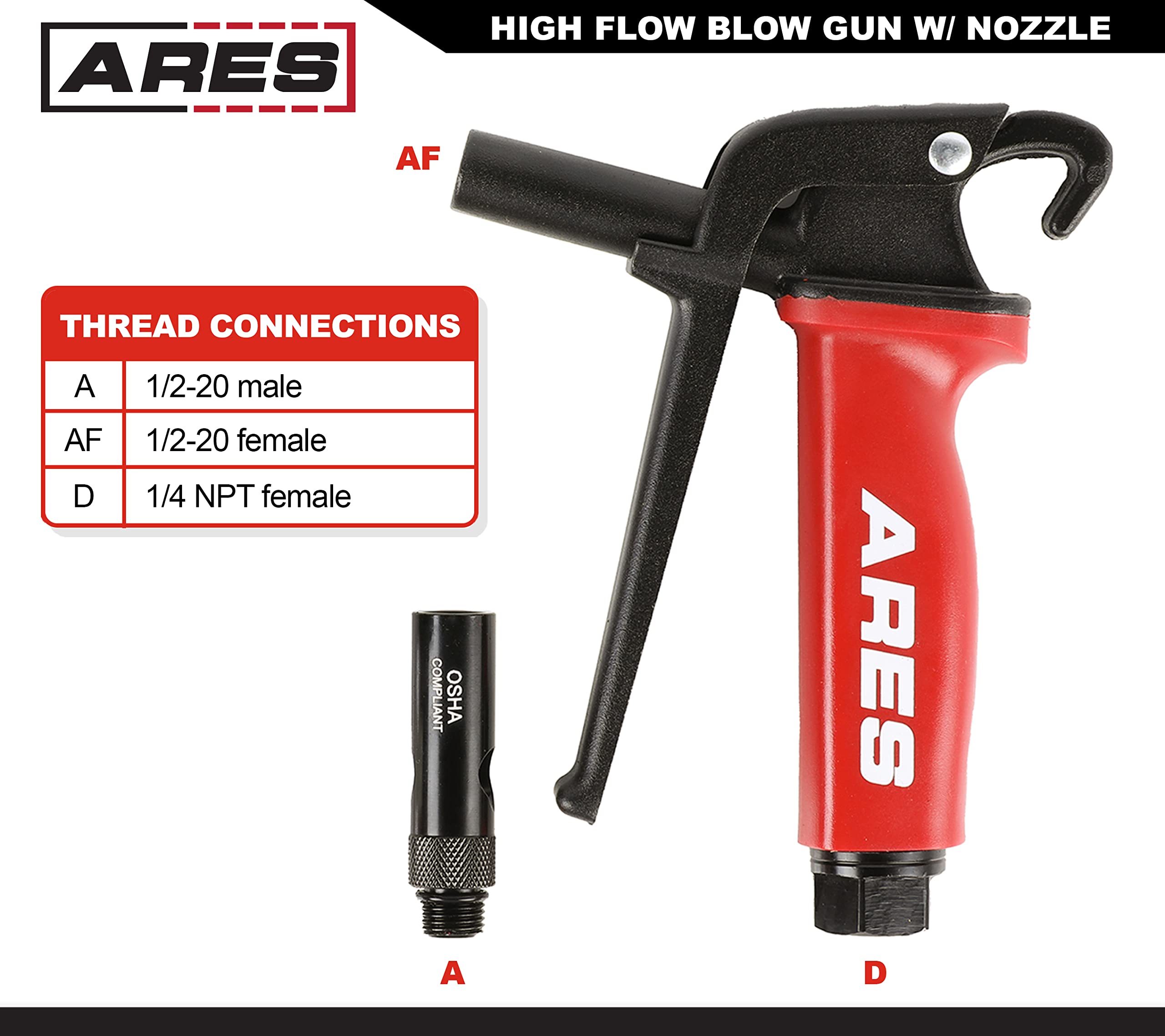 ARES blow gun with hanging clip for easy storage on the job
