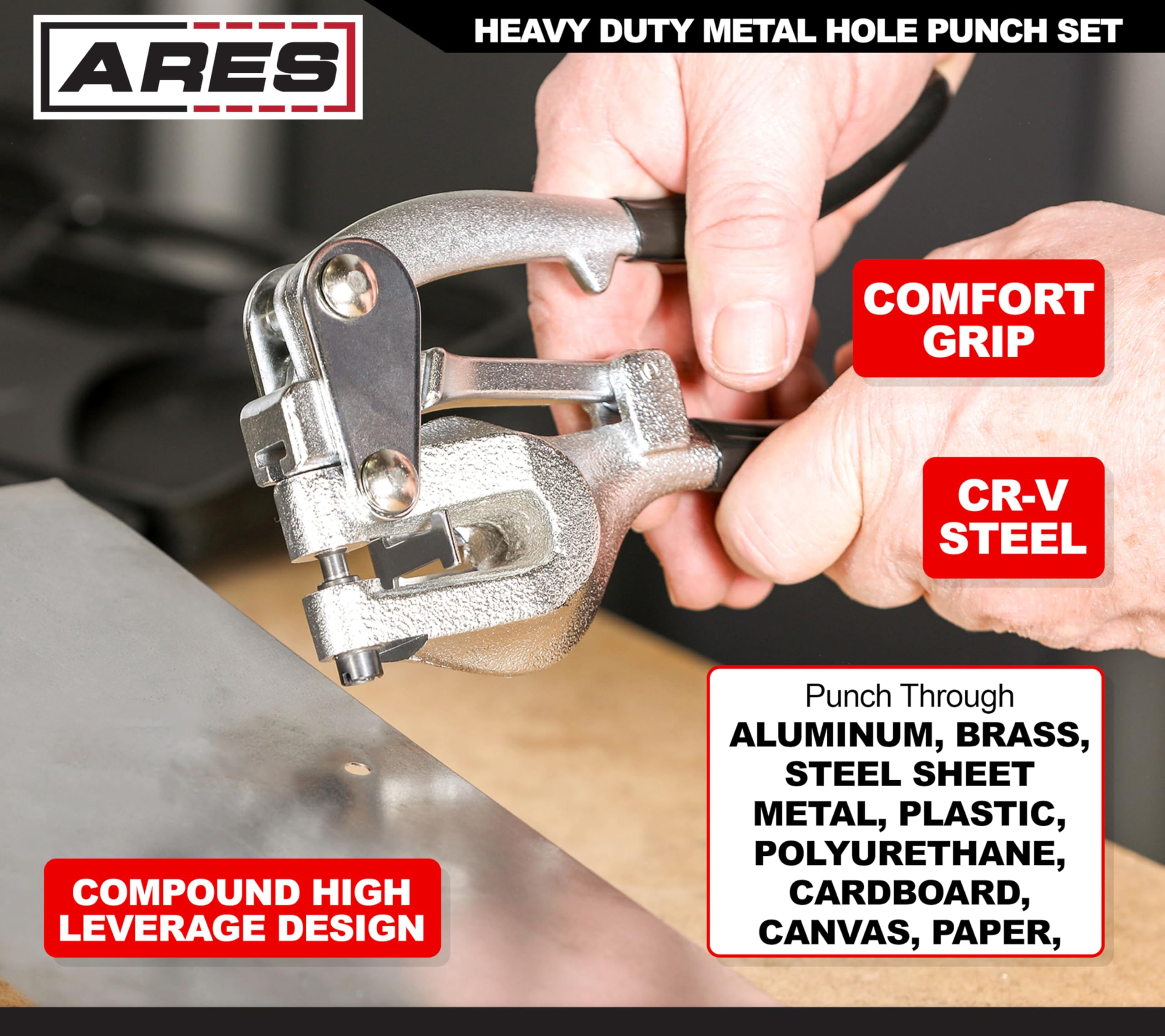 ARES hole punch 1-8 inch close-up on metal, showing clean, accurate punch