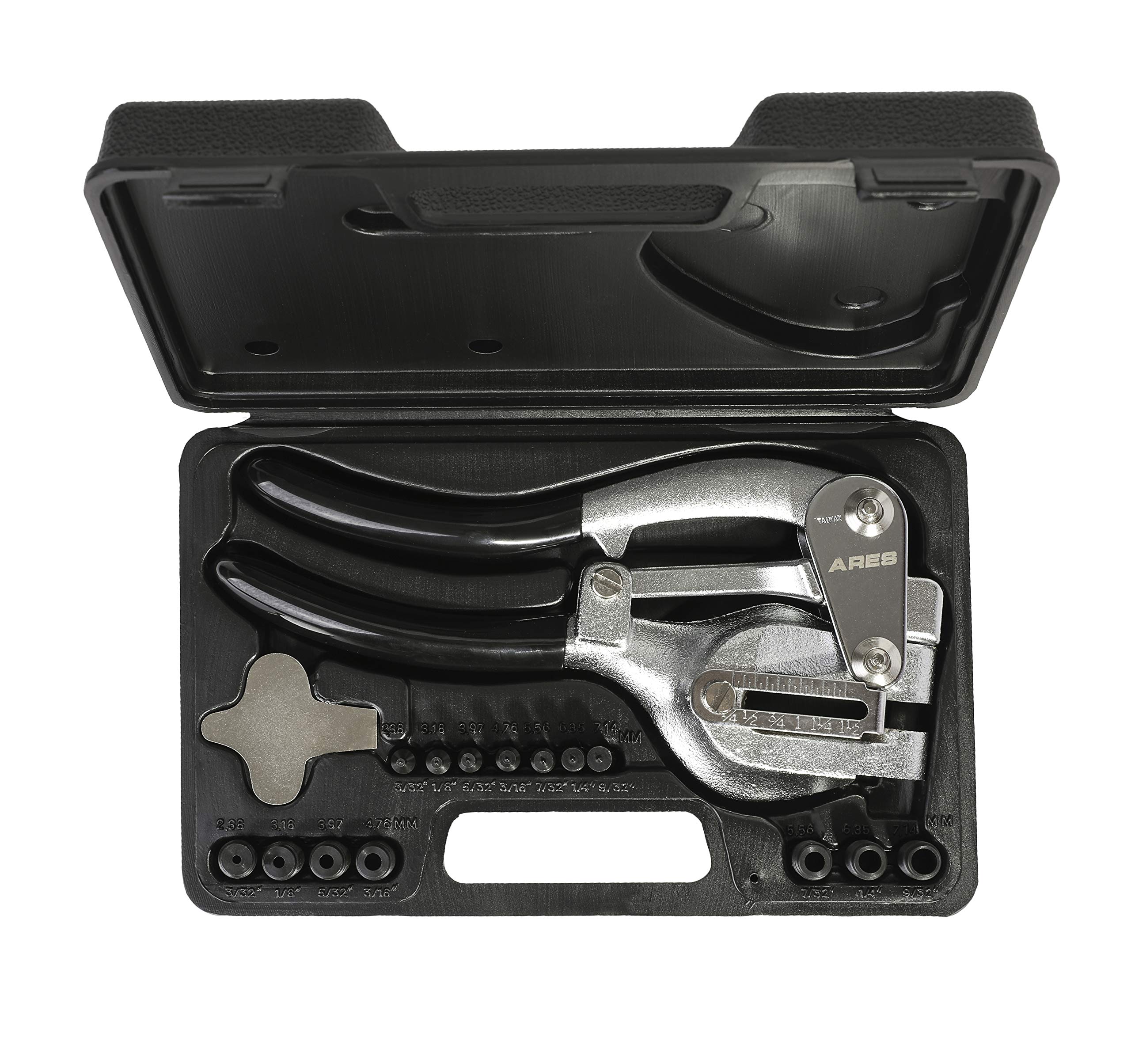 ARES hole punch 7-32 inch ready-to-use in hands with ergonomic leverage
