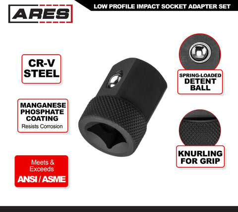 ARES low-profile adapter 1/2f-3/4m provides sturdy connection under demanding fasteners.
