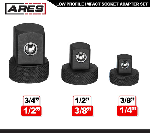 ARES low-profile adapter 3/8f-1/2m ideal for confined engine bays and toolboxes.