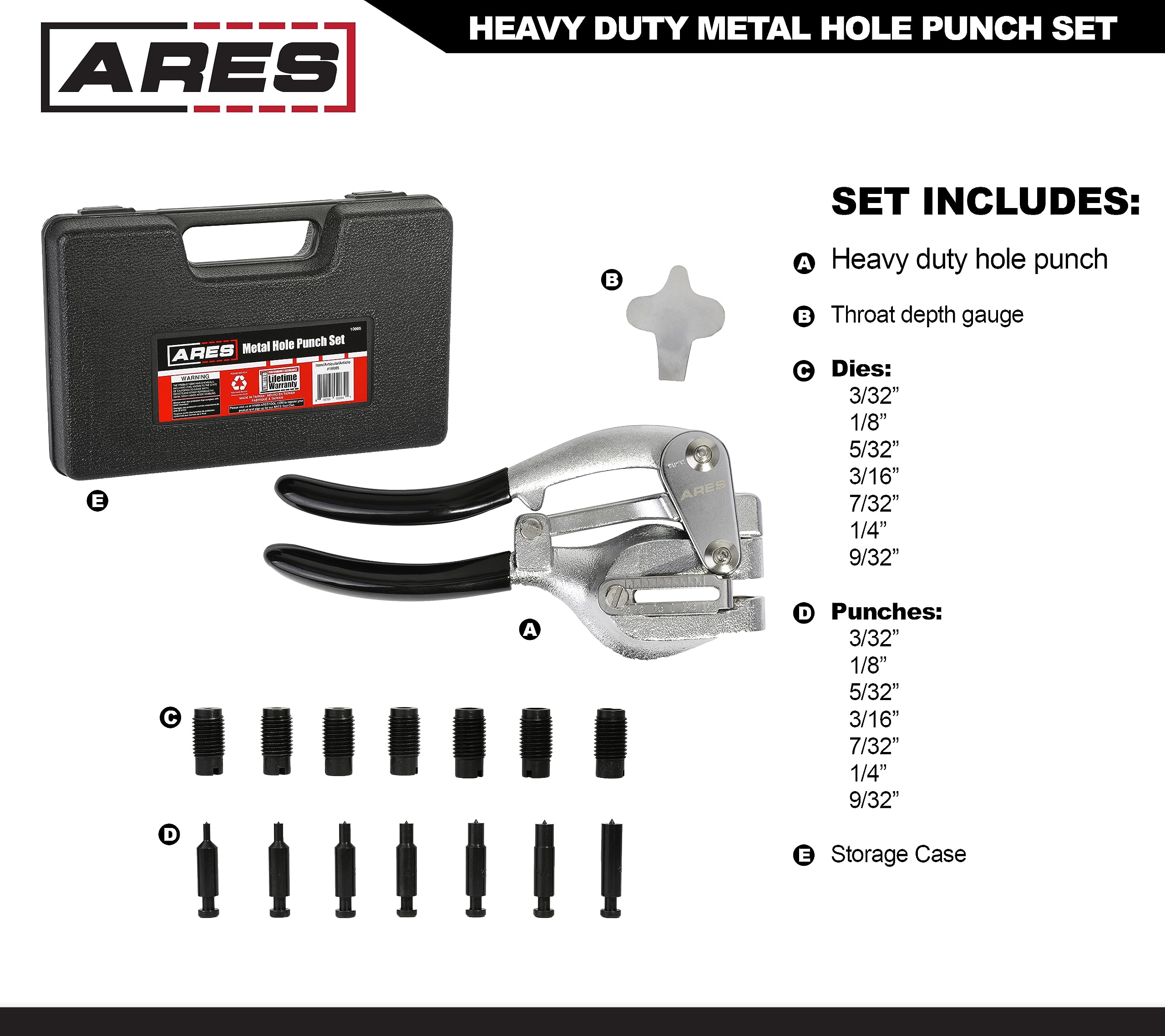 ARES metal hole punch sizes and dies neatly arranged for quick project setup
