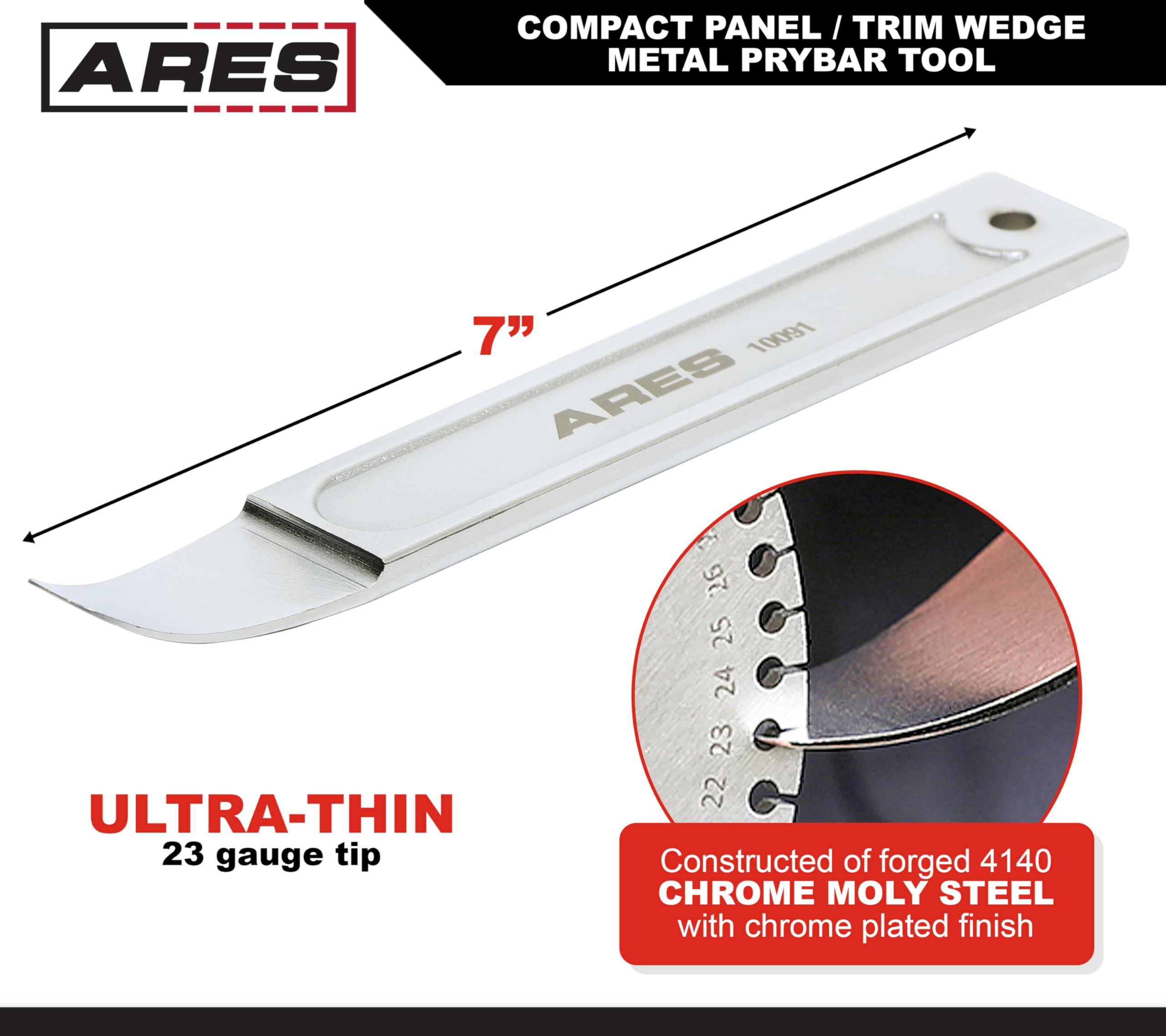 ARES mini pry bar curved tip designed for tight seams