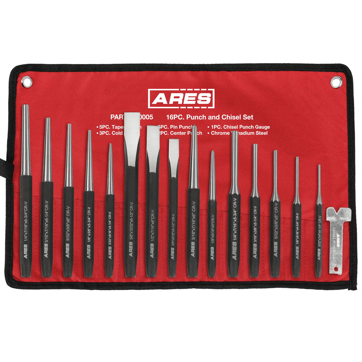 ARES punch and chisel set with roll pouch for portable organization