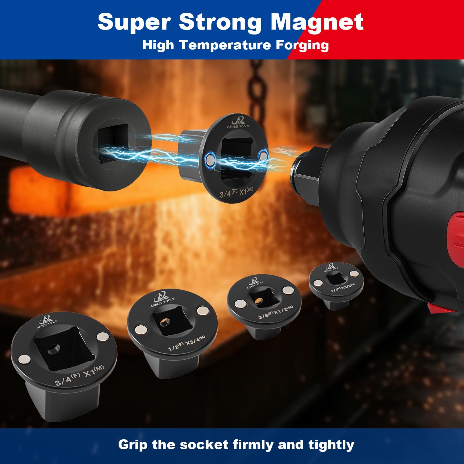 Aries Tools socket adapter supports 3/8 to 1/2 inch size conversions.