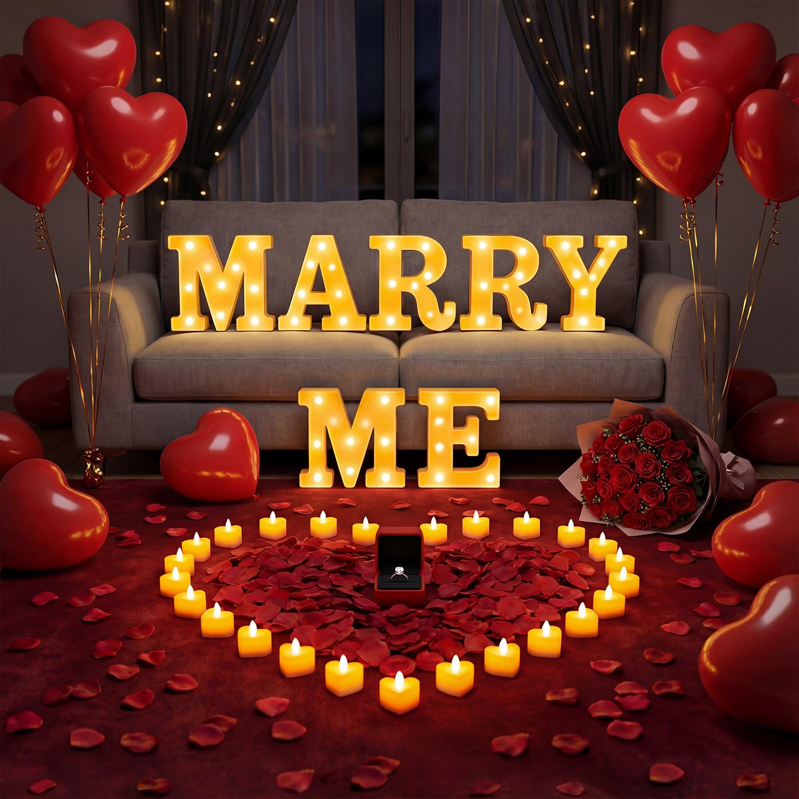 ARIKJ Marry Me letters glow softly for a romantic proposal ambiance