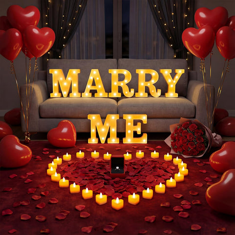 ARIKJ Marry Me letters glow softly for a romantic proposal ambiance