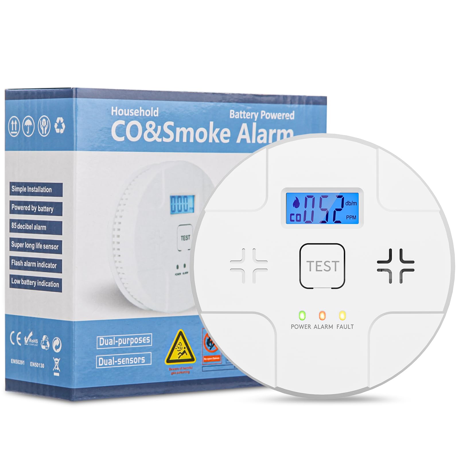 ARIKON 2-in-1 alarm front view showing dual smoke and CO protection indicators.