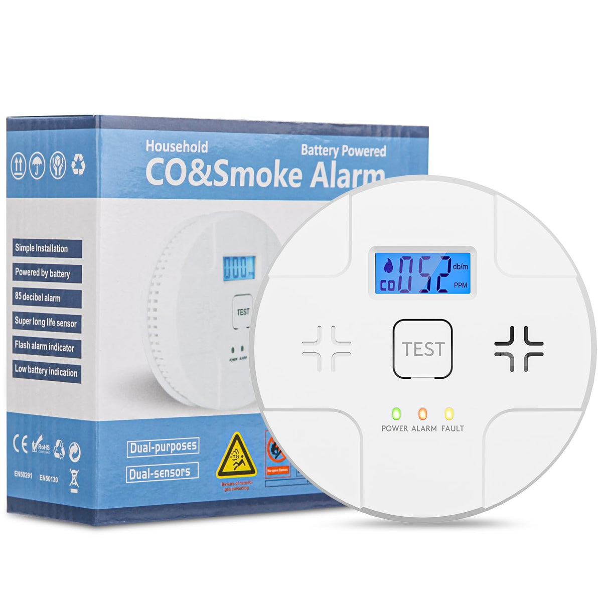 ARIKON 2-in-1 alarm front view showing dual smoke and CO protection indicators.