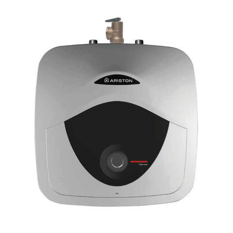 Ariston Andris mini-tank under-sink installation shows compact hot water setup for tight spaces