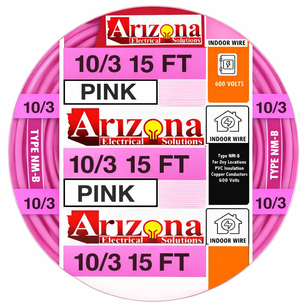 Arizona Electrical Solutions 15ft 10/3 NM-B copper cable with pink jacket for indoor wiring projects