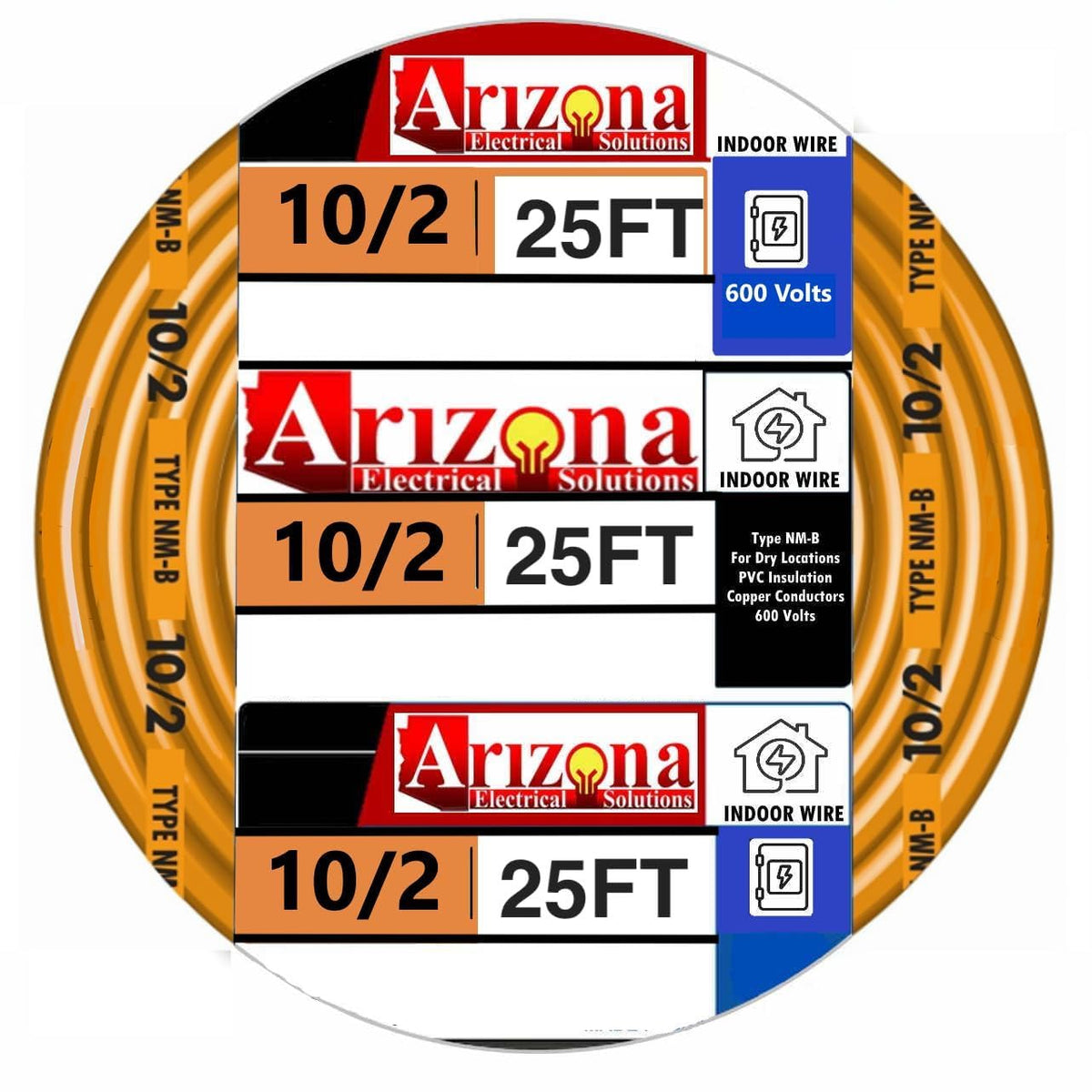 Arizona Electrical Solutions 25ft 10/2 NM-B cable with orange jacket for visibility.