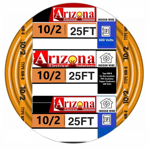 Arizona Electrical Solutions 25ft 10/2 NM-B cable with orange jacket for visibility.