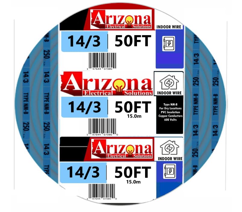 Arizona Electrical Solutions 50ft NM-B copper cable with blue jacket for easy indoor wiring.