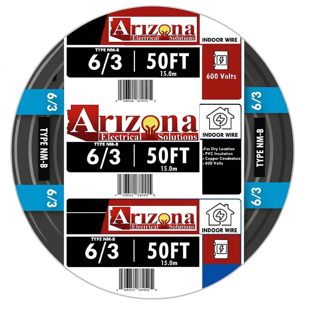 Arizona Electrical Solutions 50ft NM-B 6/3 cable with black jacket for long residential runs.