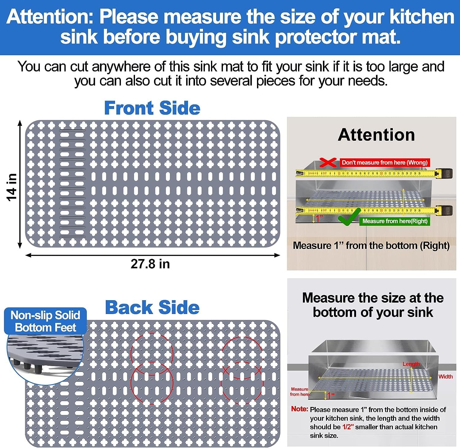 ARLBA silicone sink mat bottom feet raised view highlights water flow and quick drying.