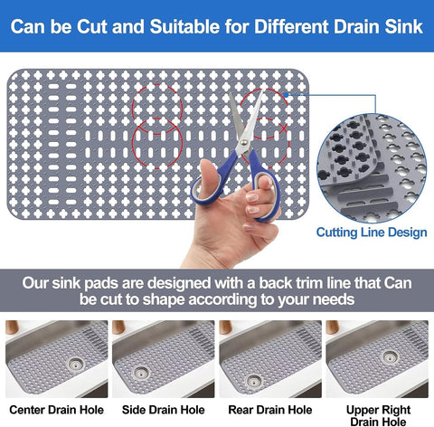 ARLBA silicone sink mat cut-pattern demonstrates customizable drain-fit for various openings.