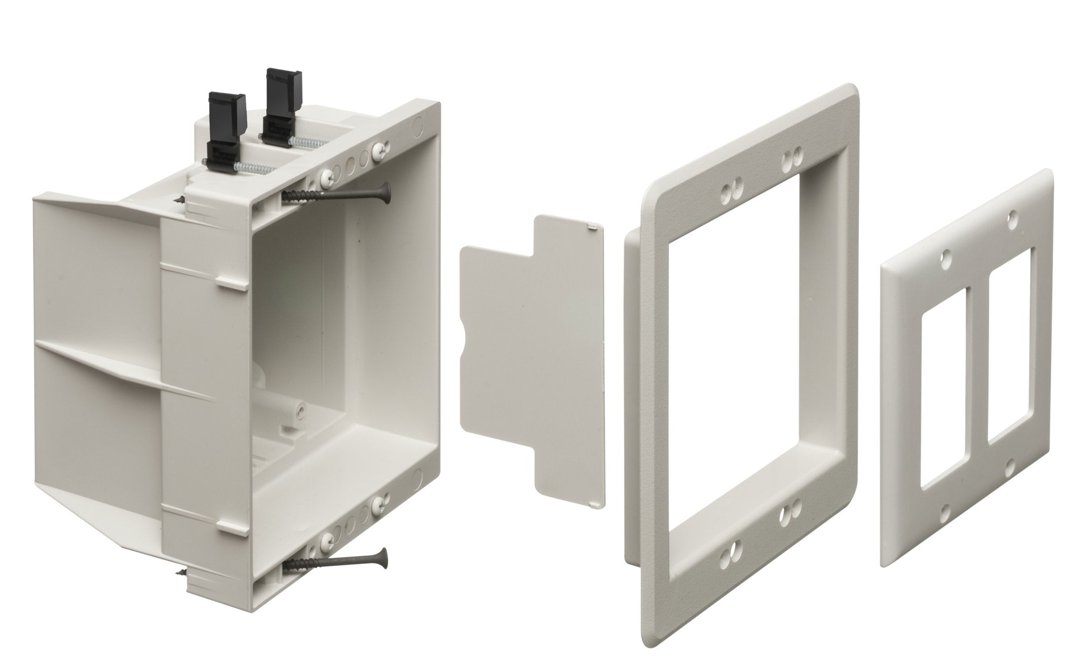 ARLINGTON DVFR2W-1 recessed box front view for two outlets flush with wall