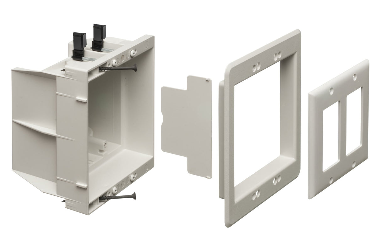 ARLINGTON DVFR2W-1 recessed box front view for two outlets flush with wall