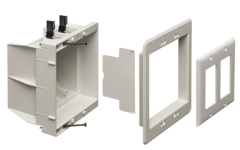 ARLINGTON DVFR2W-1 recessed box front view for two outlets flush with wall