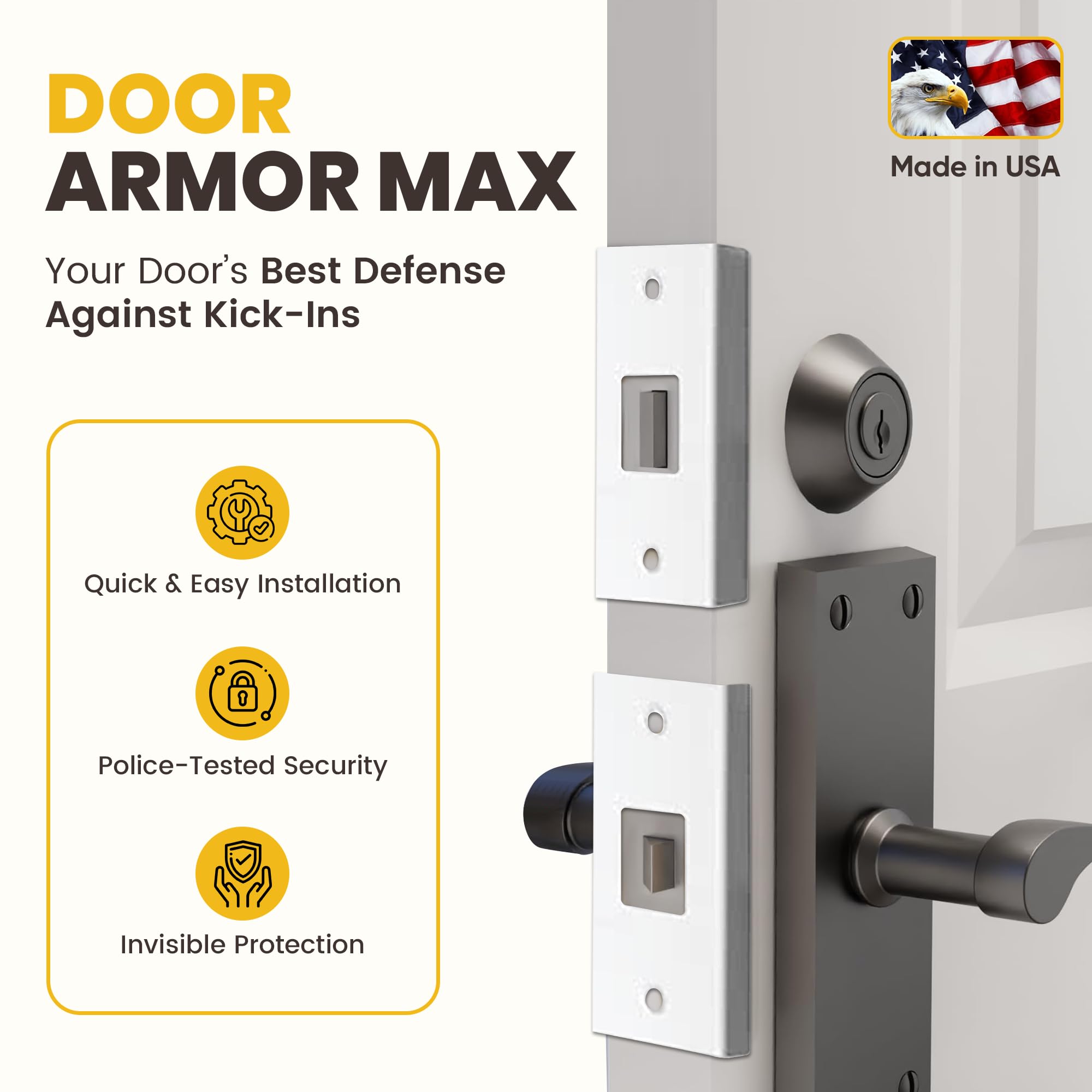 Armor Concepts Door Armor MAX hinge shields strengthen doorway joints for added security.