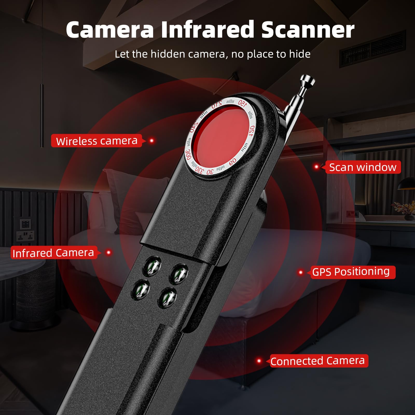 Aroeally hidden-camera detector side panel shows easy privacy controls.