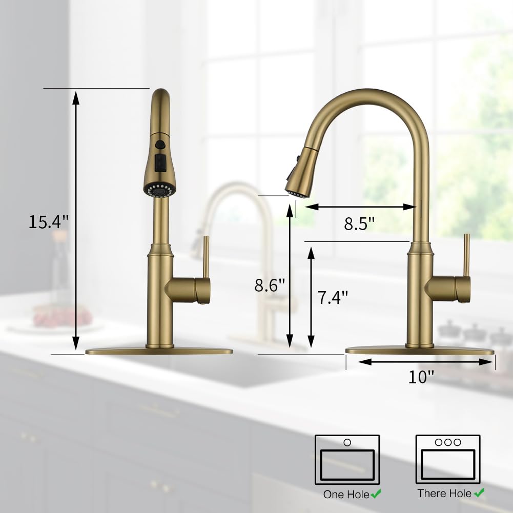 Arofa brushed gold faucet demonstrating aerated stream ideal for filling pots
