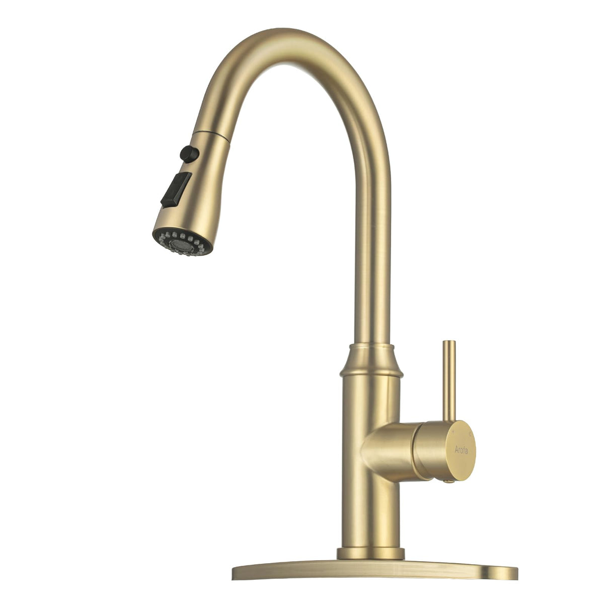 Arofa gold kitchen faucet with sprayer shown with smooth pull-out spray for daily rinsing