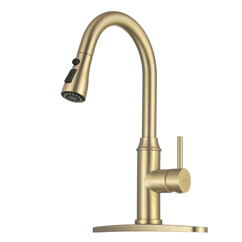 Arofa gold kitchen faucet with sprayer shown with smooth pull-out spray for daily rinsing