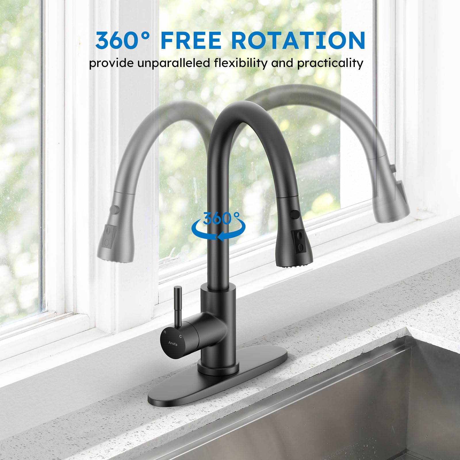 Arofa gooseneck faucet in matte black for high pots and deep sinks