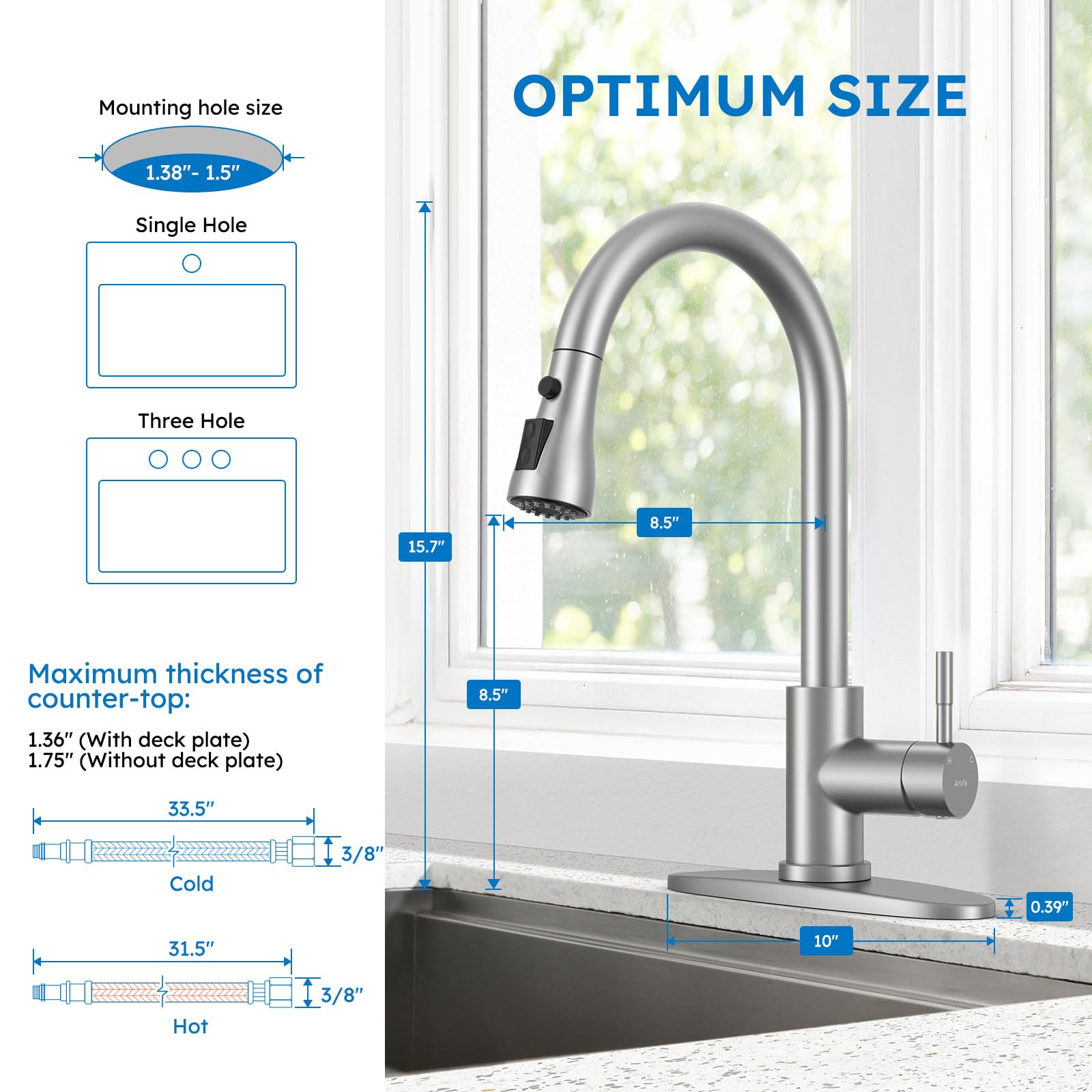Arofa faucet with 360-degree swivel nozzle for full sink access