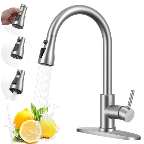 Arofa brushed nickel kitchen faucet with angled-front view for daily use