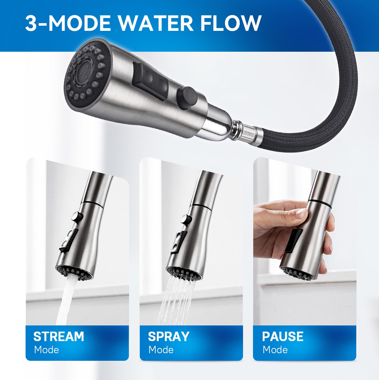 Arofa faucet offers stream, spray, and pause modes for flexibility