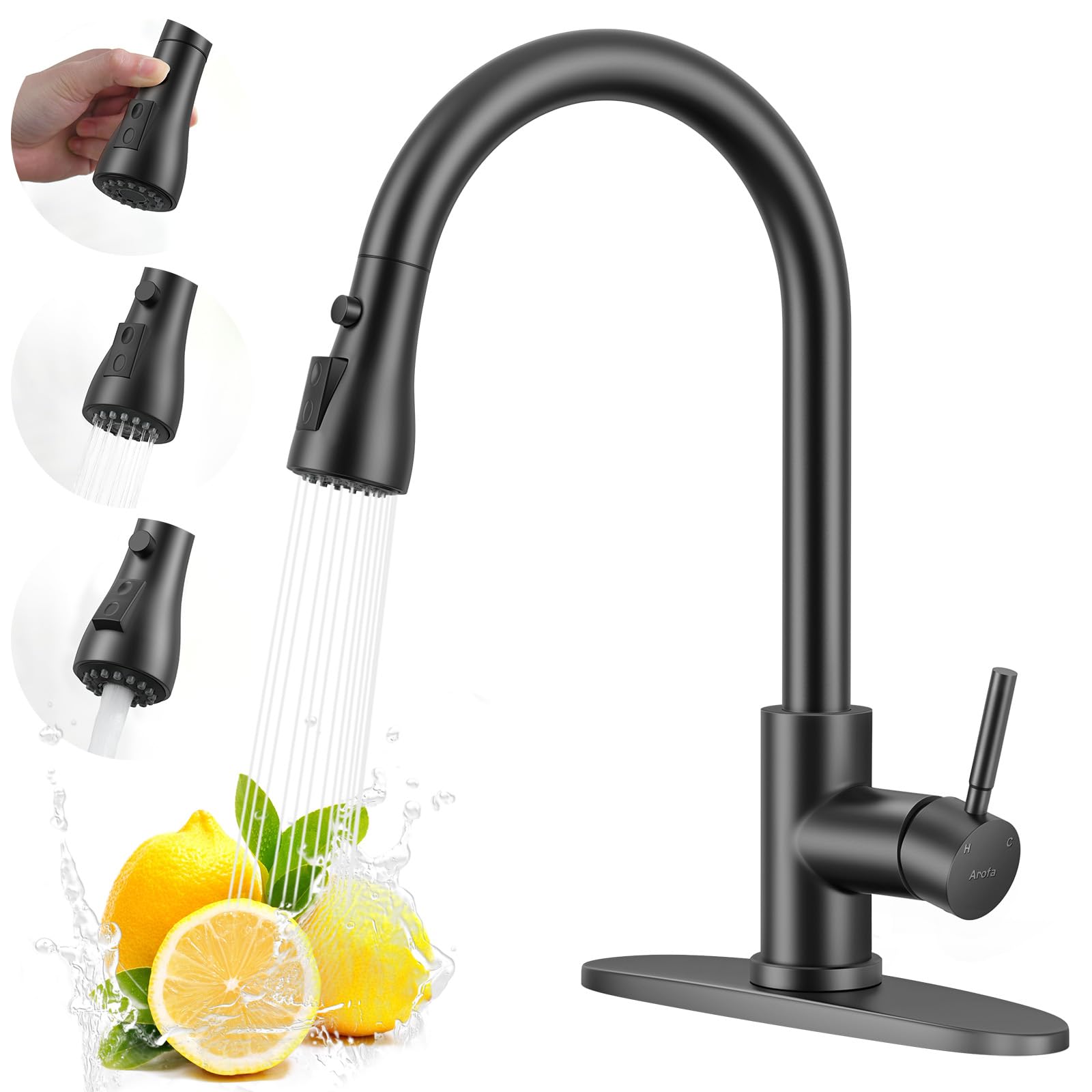 Arofa matte black kitchen faucet with pull-down reach for easy pot rinsing