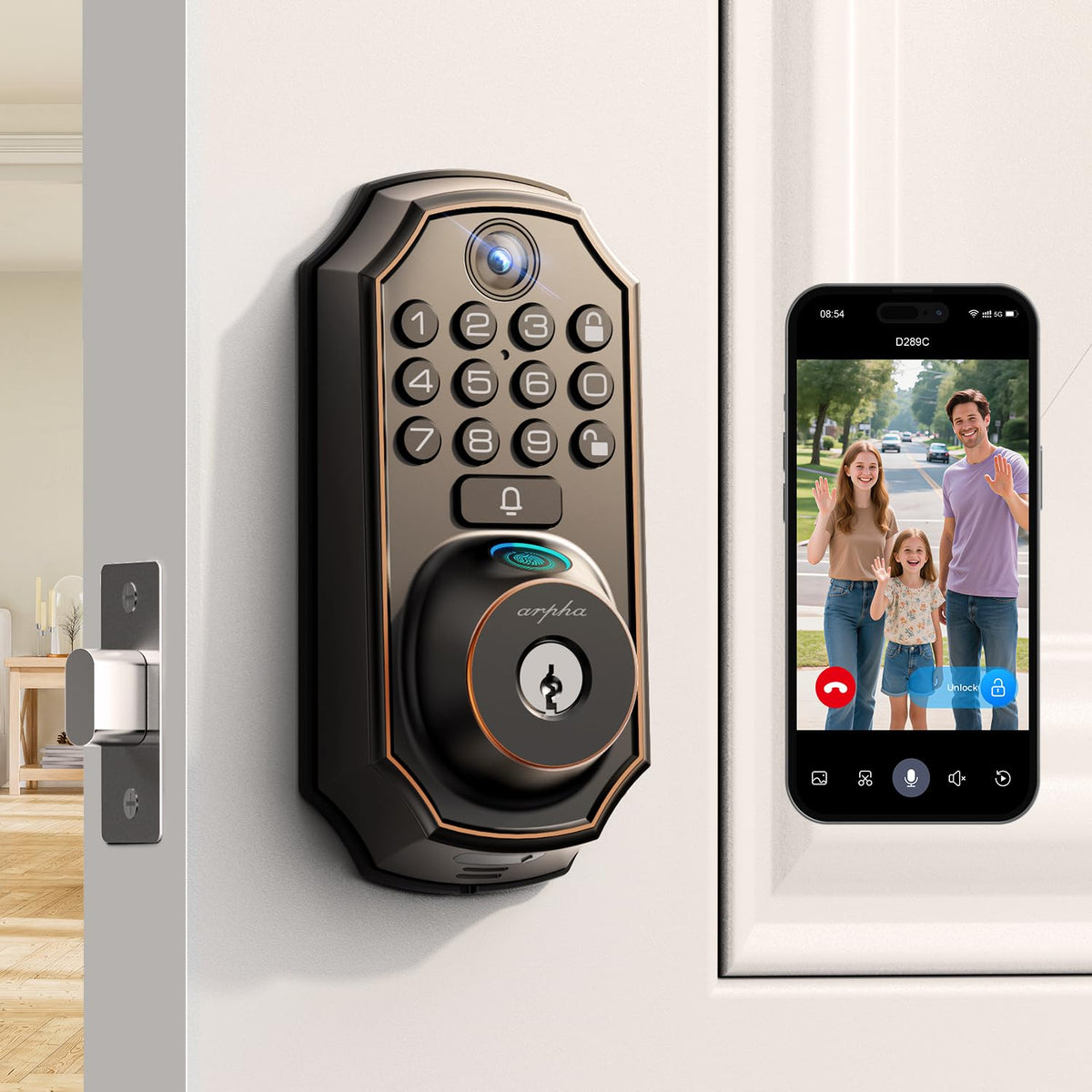 ARPHA WiFi Video Smart Lock camera view for real-time visitor monitoring.