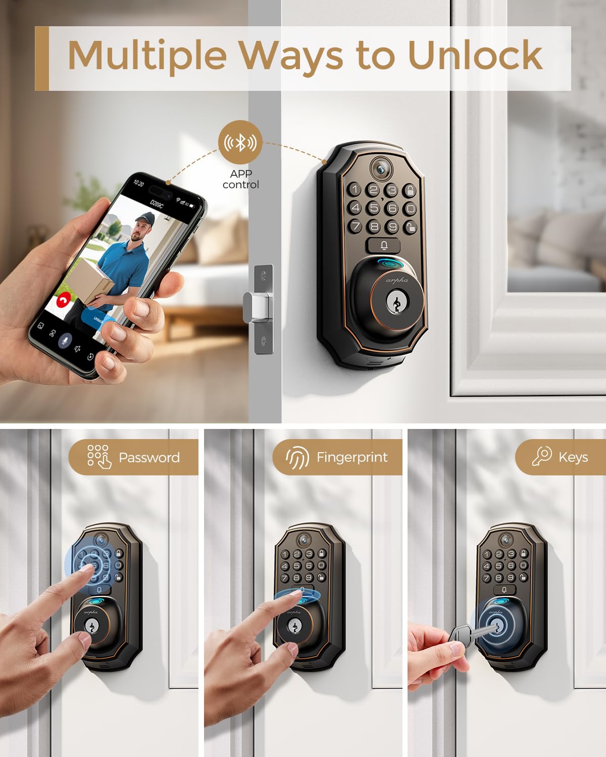 ARPHA WiFi Video Smart Lock fingerprint scan enables fast entry.