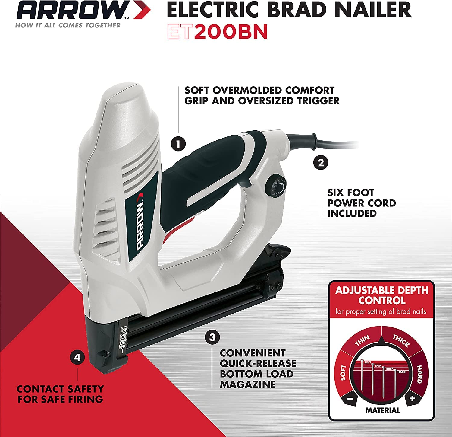 Depth adjustment knob on Arrow ET200BN lets you tailor drive depth for precise fastenings.